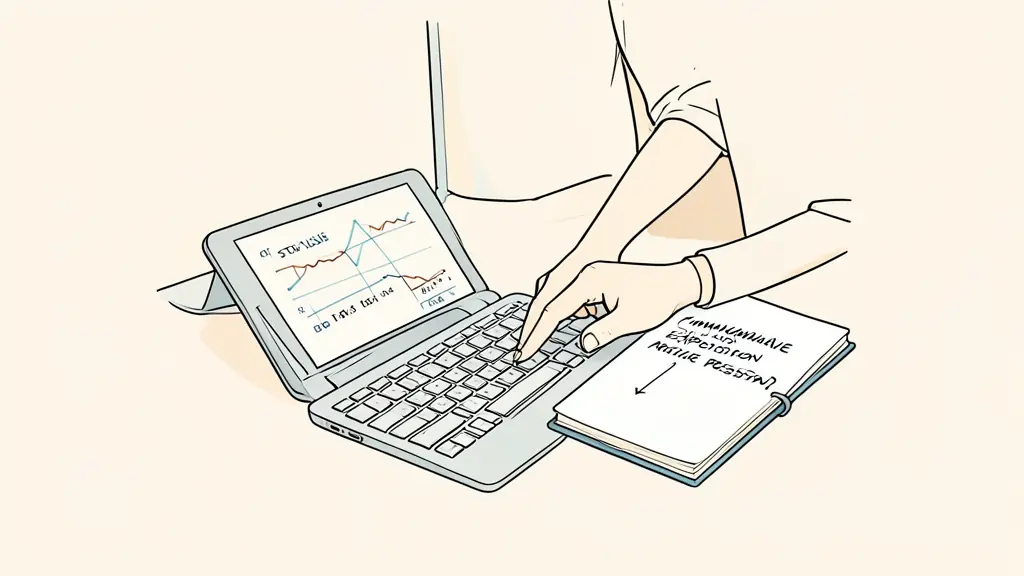 Trader vérifiant un niveau de stop-loss et l'exposition cumulée de trois positions, journal de risque manuscrit