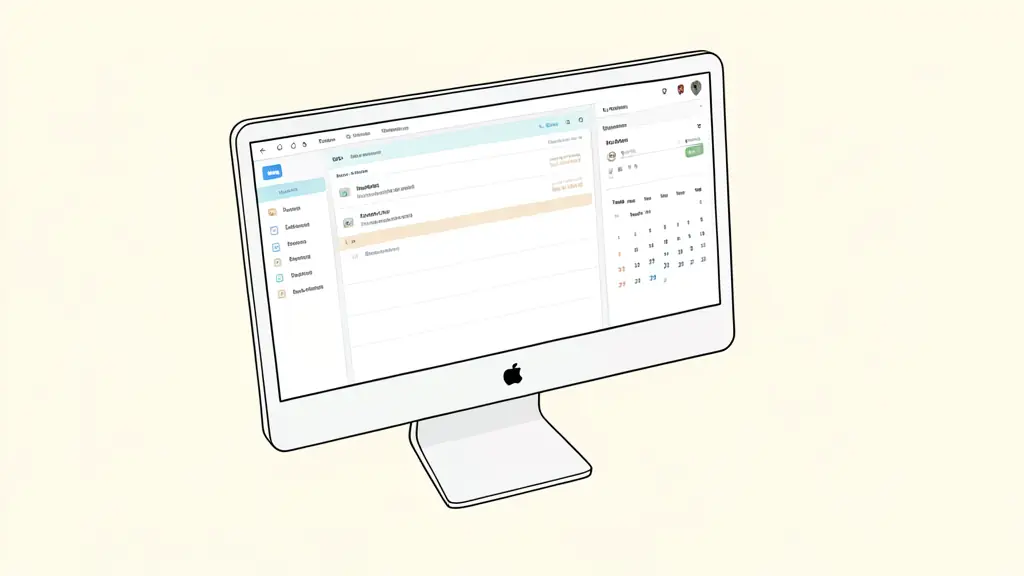 A high-angle shot of a clean workspace with a computer screen showing a Notion database with multiple columns, a side-bar with relational links, and a calendar view of trade dates.