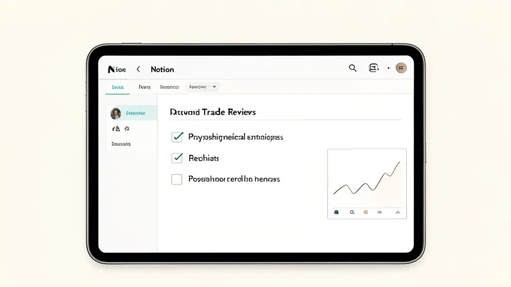 A close-up of a digital tablet displaying a Notion page with a checklist for trade review, highlighted text focusing on psychological errors, and a small embedded chart image.
