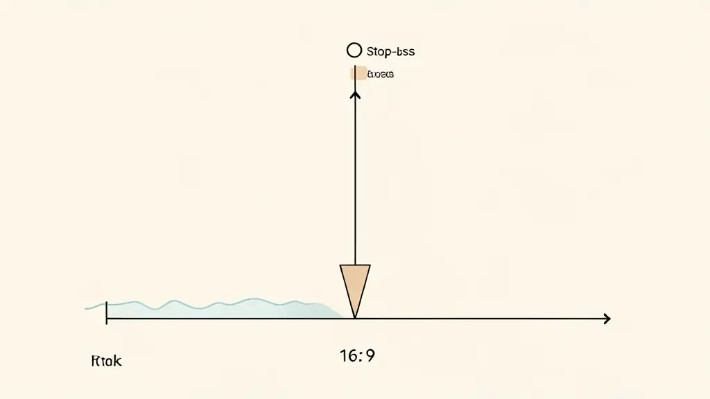 A technical chart illustration showing a price breakdown below horizontal support, with a vertical measurement tool projecting the target price downward and a stop-loss marker above the last peak.