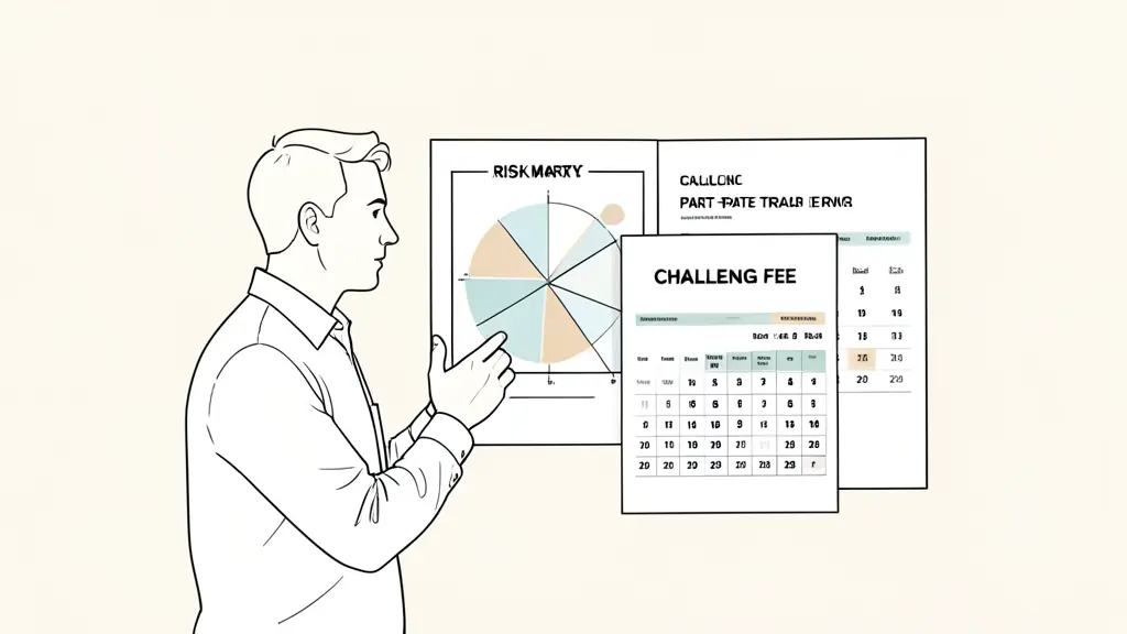 Part-time trader reviewing a risk matrix beside a challenge fee invoice and an economic calendar
