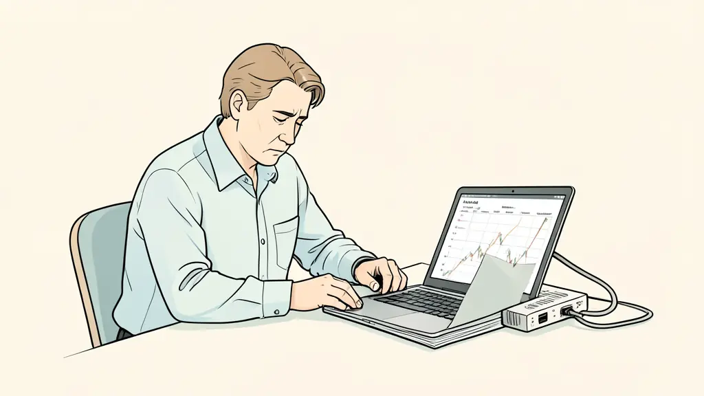 Tired office worker checking an economic calendar next to a trading laptop and an unstable internet router