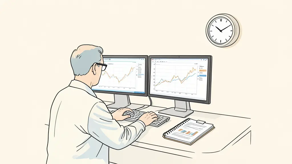 editorial photograph of a day trader monitoring open losses on two screens, with a risk notebook and wall clock visible, no text, no logo