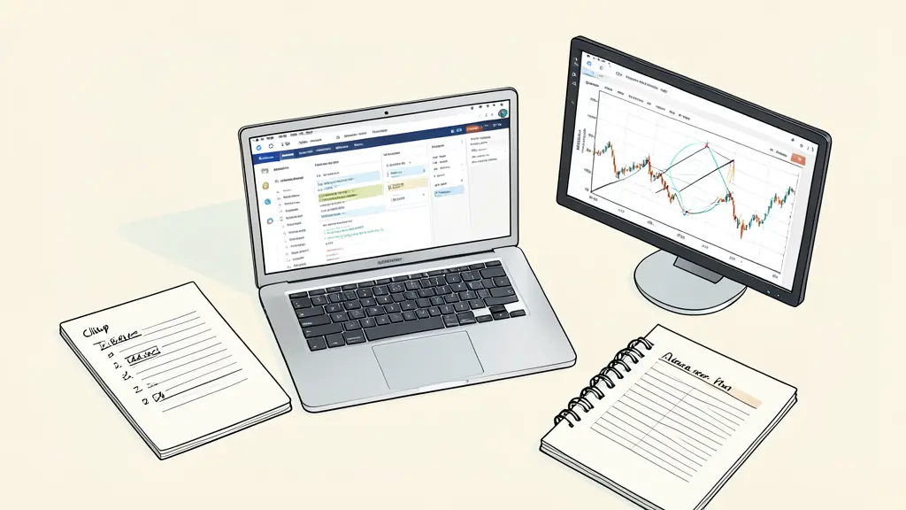 A high-angle shot of a clean workspace with a laptop displaying a complex project management board in ClickUp, a notebook with a handwritten checklist, and a professional trading monitor showing a stock chart with marked pivot points.