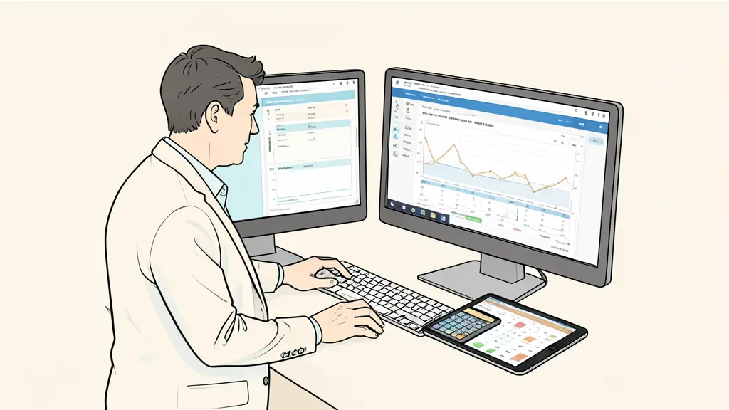 Trader reviewing live equity monitoring on two screens, with a position-size calculator and an economic calendar on a tablet