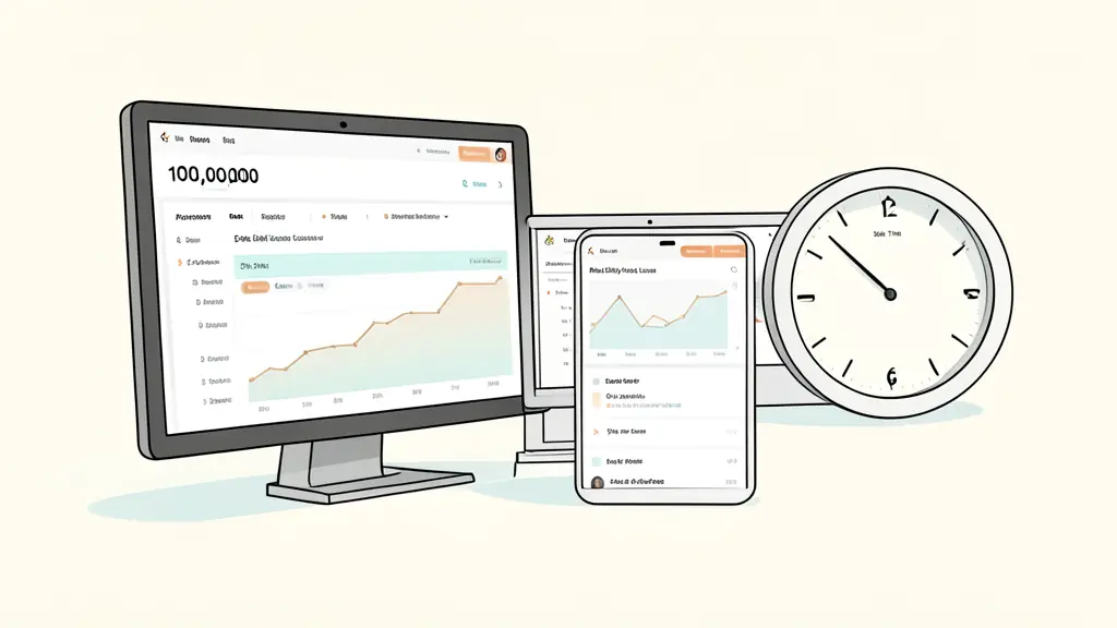 Close-up of a $100,000 account dashboard near a 5% daily loss limit, open losses on one monitor and a reset clock on another